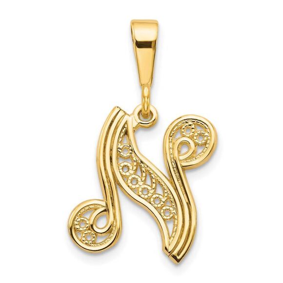 14k Yellow Gold, Maci Collection, LG Filigree Script Initial N Pendant - Picture 1 of 4